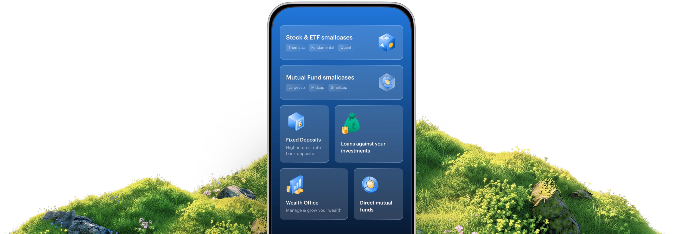smallcase app interface showing investment options